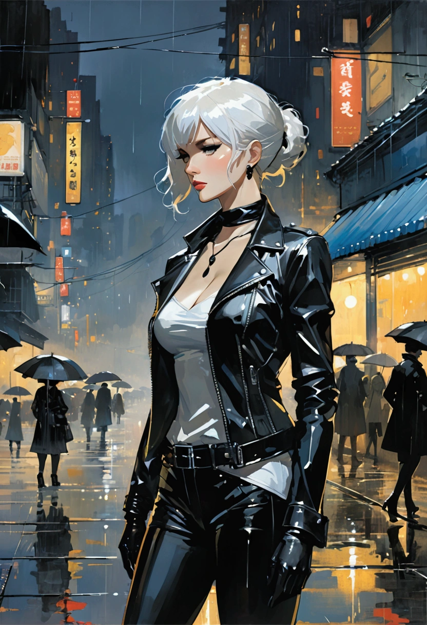 masterpiece, (best quality:1.2),(Ashley Wood Style:1.2),(Nick Vicesi Style:0.6), (Clear focus:1.2),Mature female,Black tight leather jacket, Black necklace,White hair,stocking,rain,of the night city