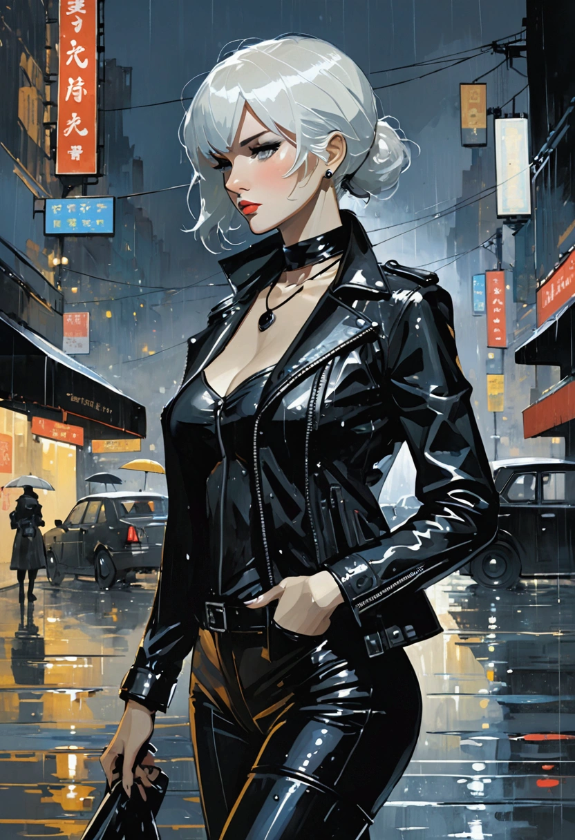 masterpiece, (best quality:1.2),(Ashley Wood Style:1.2),(Nick Vicesi Style:0.6), (Clear focus:1.2),Mature female,Black tight leather jacket, Black necklace,White hair,stocking,rain,of the night city