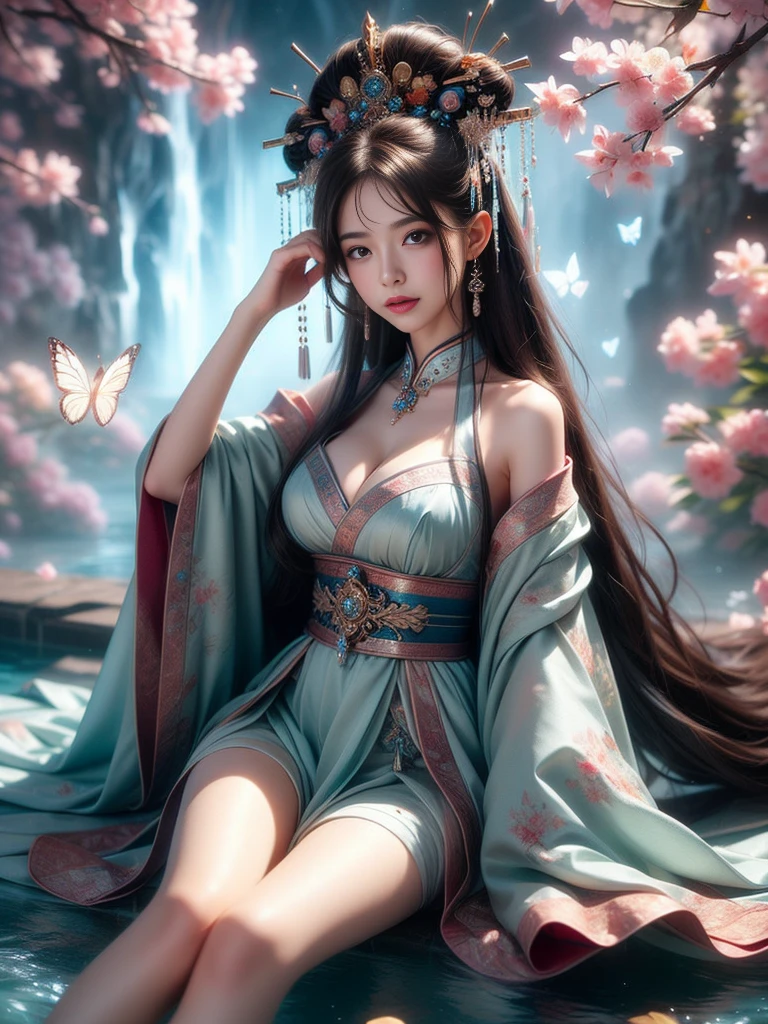 gufeng
Beautiful dance dynamics with bare shoulders, Long legs , Water play，Sitting，Sitting in the pool，play， ((Flowing long hair))Official Art , ((Bright pastel colors)), Unity8k Wallpaper , Extremely detailed , Visible cleavage, Pretty and beautiful , Sexy long legs, masterpiece , best quality ,Practical, Very detailed illustrations ,Extremely detailed , Intricate details , Extremely complex and detailed , Very detailed 8KCG wallpaper , Caustics .reflection , Ray Tracing , Devil Theme ,nebula ,Dark aura, Network Effects , (1 Girl)Solitary , 小蓝Butterfly , (Blue plasma flame , (insect , Butterfly)) 圣光Butterfly天使 , Pastel tones in Rococo style ,Light white and light dark red , Incredibly beautiful , Cherry blossoms , Surrealism ,painting , Ethereal , Mixing reality and fantasy elements ,Ray Tracing , Complex patterns , Delicate lines , Perfect your hands, Starry Sky , rich and colorful , Star