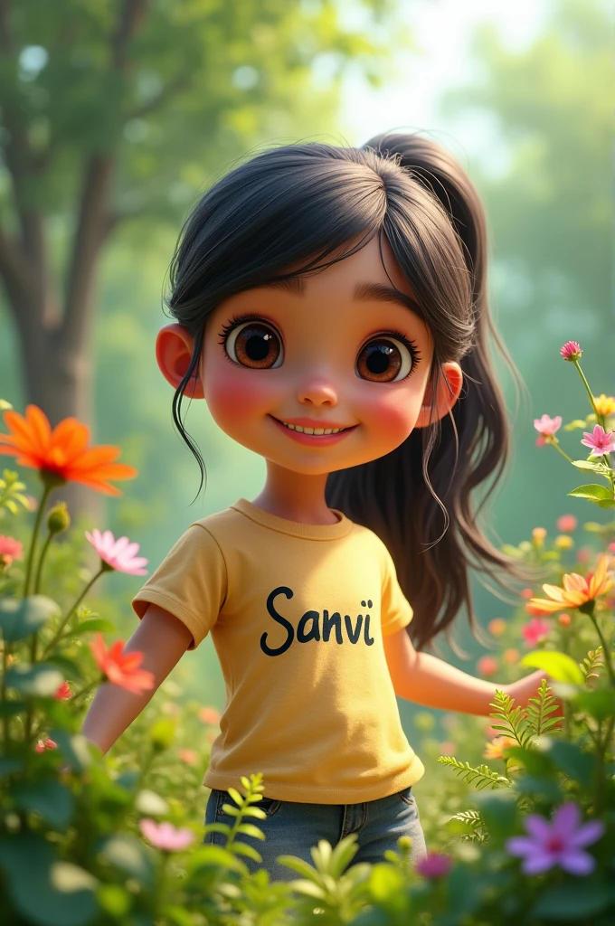 A girl in the garden wrote her name Sanvi on her T-shirt