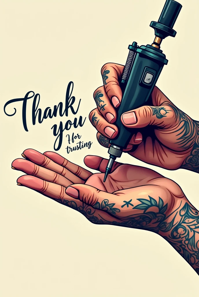 Hand with tattoo machine writing "Thank you for trusting" vector
