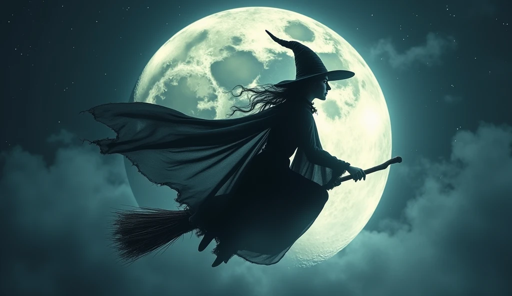 A realistic depiction of a witch flying on a broomstick across a full moon, with wind blowing her cloak and hair, night sky filled with stars, highly detailed and atmospheric
