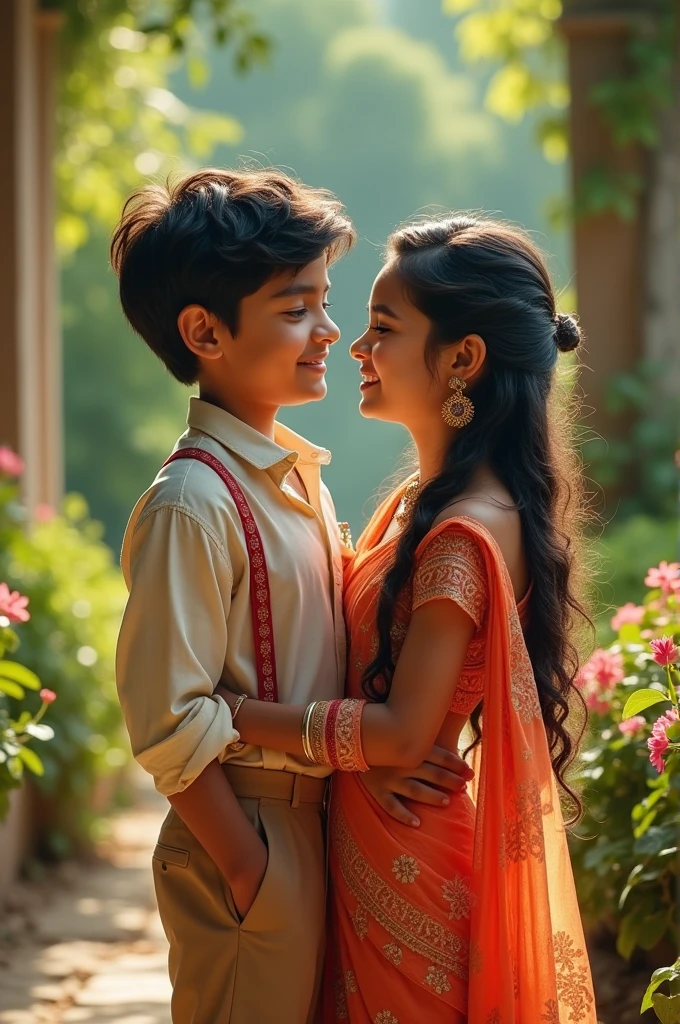 cute original photo Indian a 16 year old boy wearing stylish clothes and a 12 year old girl wearing stylish salwar suit in a green beautiful place different style romancing 264 full hd
