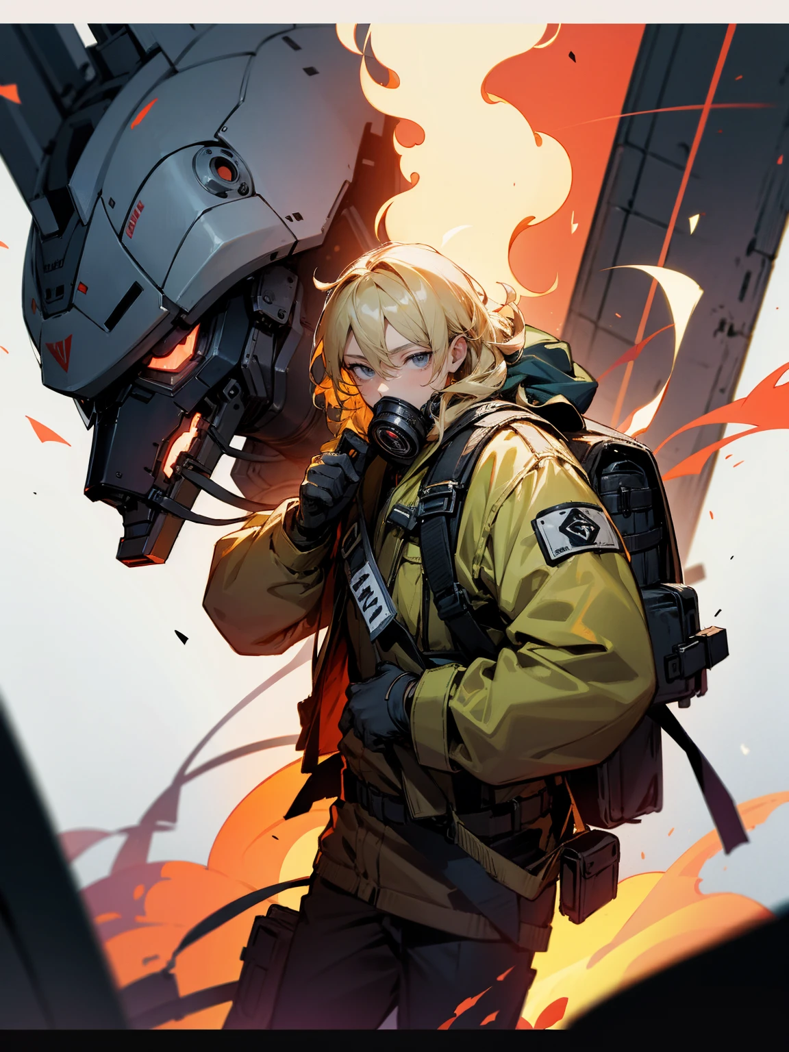 1male, gas mask, blonde hair wavy hair, adult, grey eyes, backpack, burning building, gloves