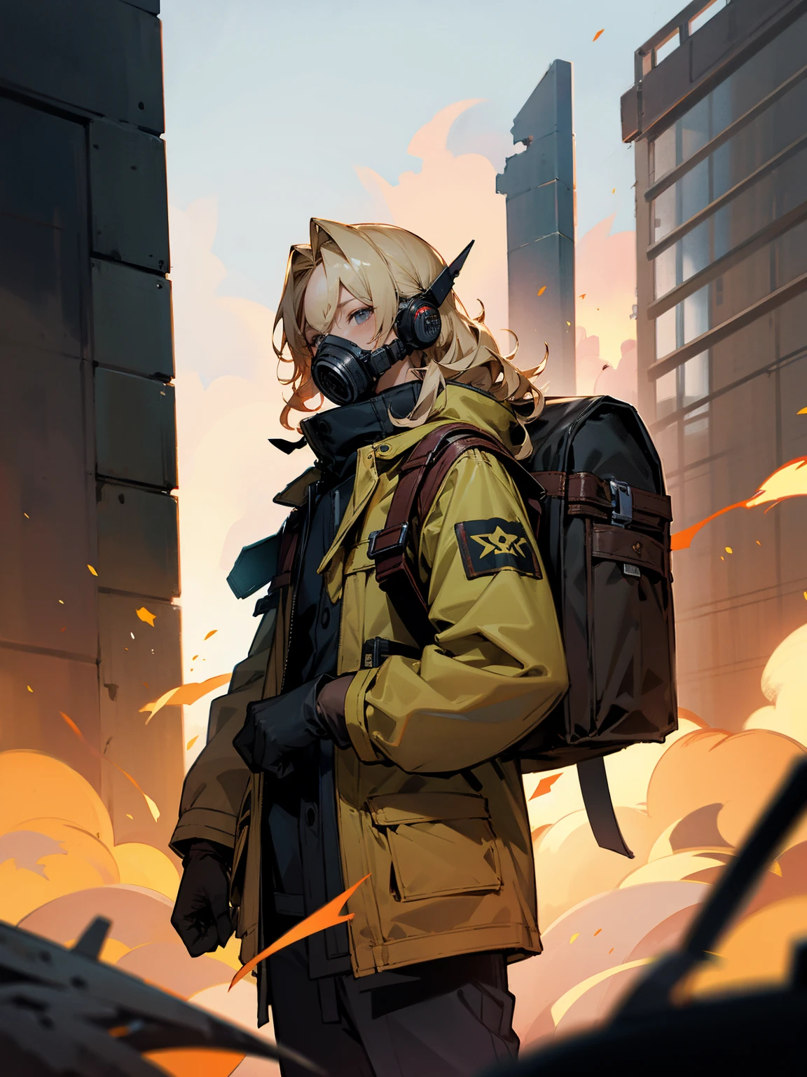 1male, gas mask, blonde hair wavy hair, adult, grey eyes, backpack, burning building, gloves