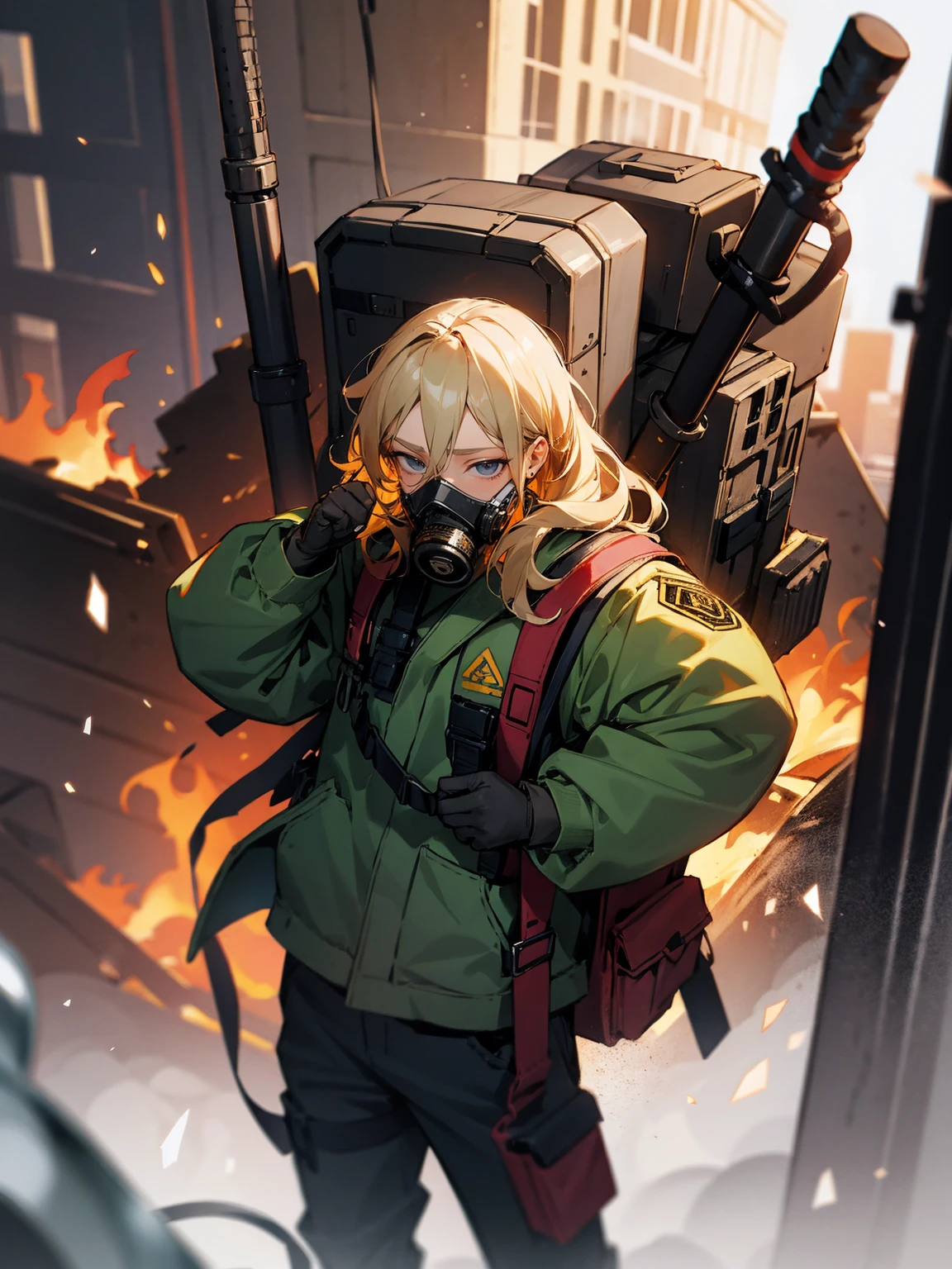 1male, gas mask, blonde hair wavy hair, adult, grey eyes, backpack, burning building, gloves