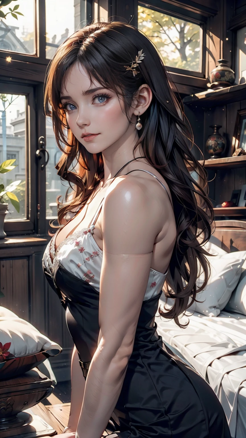 masterpiece, Highest quality, (Highly detailed CG synthesis 8k wallpaper), (Highest quality), (Best illustrations), (Best Shadow), (Stable Diffusion Model), Violet Evergarden, Sparkling, beautiful, Victorian style bedroom, Dynamic Lighting, Depth of written boundary、24-year-old woman、Attractive Young Woman, (beautiful顔:1.1), Detailed eyes, Seductive lips, (eye make up:1.2), (Medium chest:1.0), (Toned body:1.2),Victorian dress