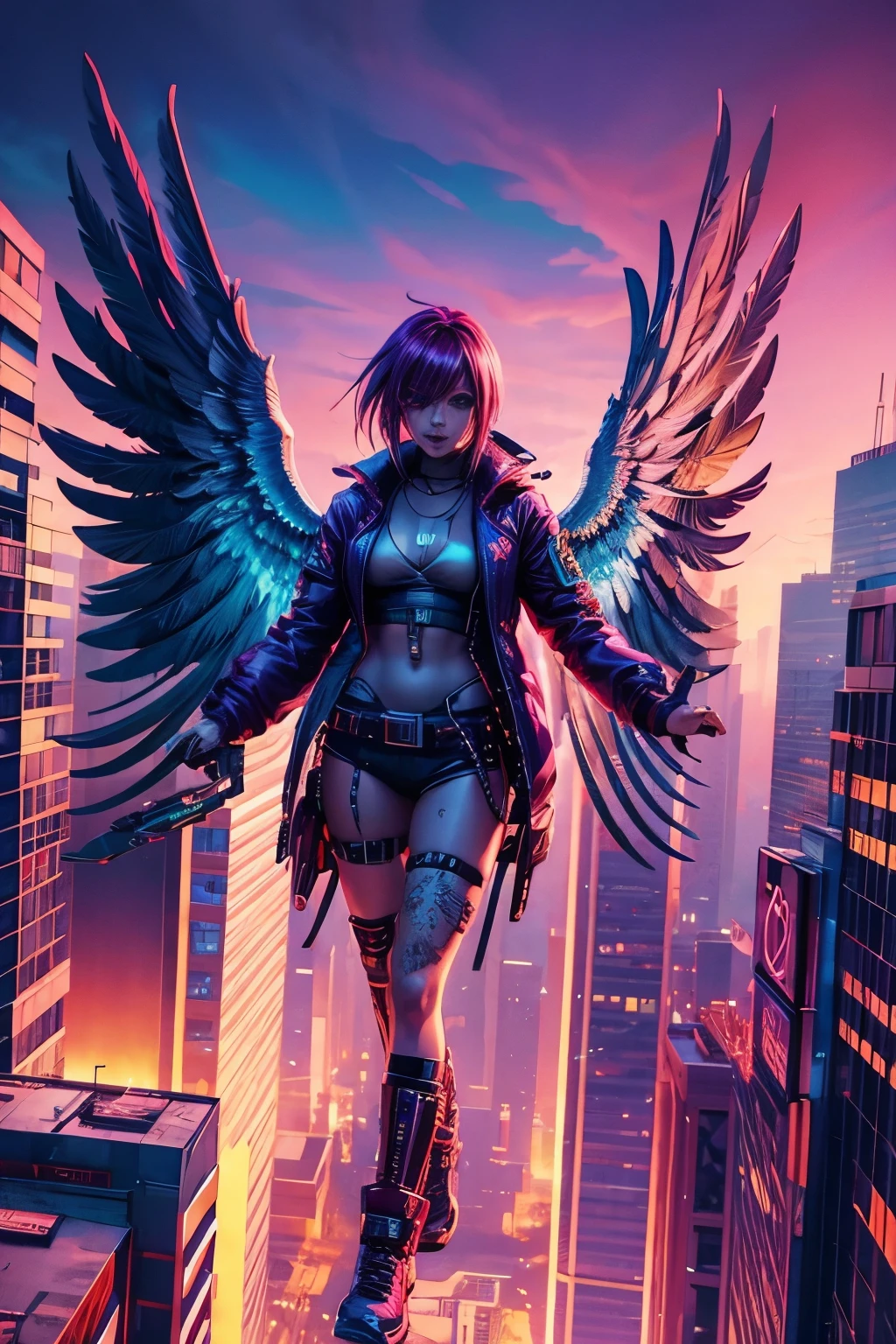 cyberpunk Icarus falling with his wax wings with metal feathers, the city approaches in a scene seen from above, cyberpunk, vaporwave, neon, vibes, vibrant, stunningly beautiful, crisp, detailed, sleek, ultramodern, magenta highlights, dark purple shadows, high contrast, cinematic, ultra detailed