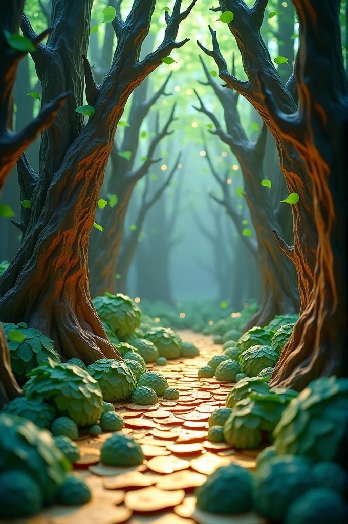 Imagine an enchanted forest made entirely of sheets of paper. The trees stand with trunks and branches formed from layers of brown and grey paper., Meticulously folded and trimmed to give them a tall, twisted appearance. The leaves, created from sheets of green paper in different shades, They seem to wave gently, as if the wind moved them.

between the leaves, small bright orbs scatter, yellow and white paper cuts, reminiscent of tiny lanterns that gently illuminate the forest. The forest floor is a mosaic of gold and green paper sheets, scattered everywhere, creating a crunchy surface when walking. A path winds through the trees, precision cut in darker shades of paper, and guided by the paper lights that seem to float in the air. 

The whole scene feels like a delicately hand-crafted world., where every element—from the trees to the bright lights—is composed of intricately arranged sheets of paper, creating a mystical and supernatural atmosphere.