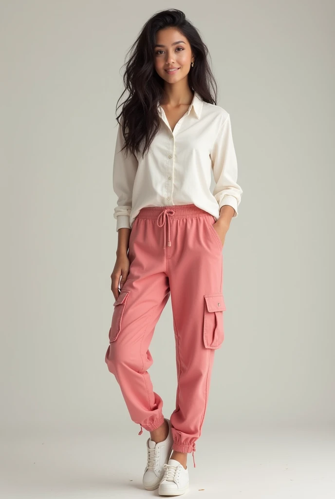 She is short and has dark wavy hair and a little white, she wears pink cargo pants and white sneakers and a white blouse.