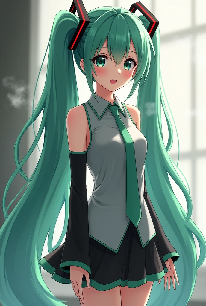 Hatsune Miku, green hair, Incredibly long hair, Wavy Hair, Ahoke, Twintail, (Gray sleeveless shirt, Green tie, black short skirt: 1.1), very cute, (beautiful faceที่รายละเอียดประณีตมาก), Real skin texture, Beautiful hair, beautiful face, beautiful eyes, Beautiful body, Beautiful hands, smile, stand, (Sexual stimulation: 1.2), Elevated nipples, Mouth open, Vapors