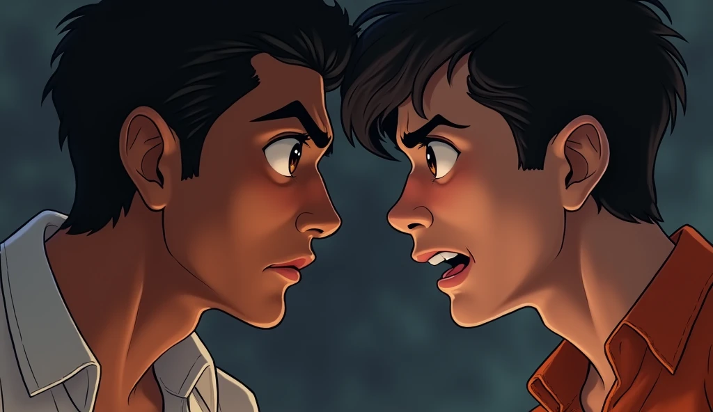 The expression on Shyam's face should be calm, while Raju should look concerned, realizing his mistake.