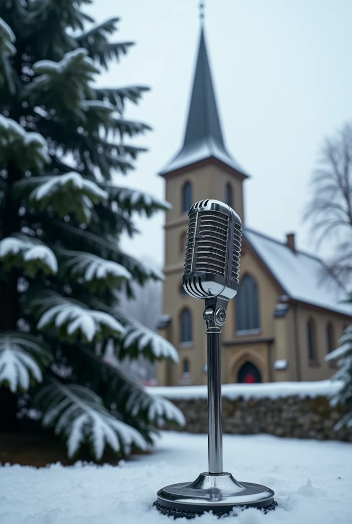 A banner with a microphone in the foreground, occupying a large part of the banner. in background whith, an old church with a pine tree in the garden, with snow around.