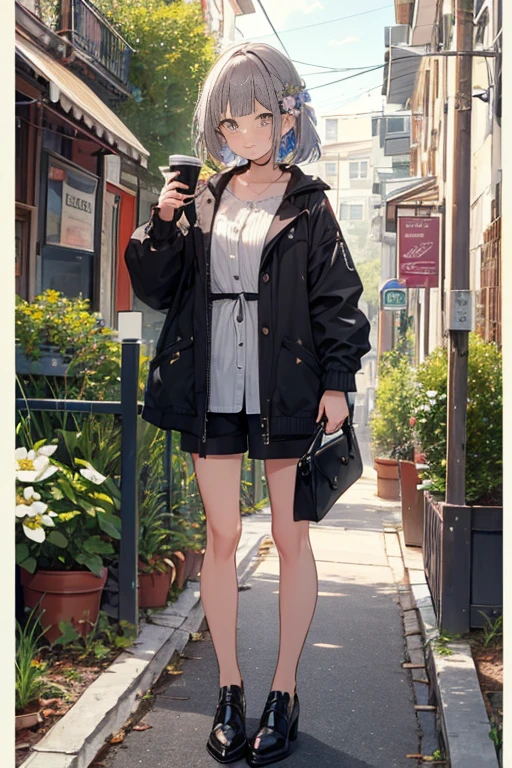(masterpiece:1.2), Highest quality,Pixiv,pretty girl , 1 girl, flower, cup, have, Bob Hair, Gray Hair, bag, High heels, food, jewelry, Earrings, Looking at the audience, smile, Holding, Long Hair, Inner Color、alone, fruit, Knee length dresses, handbag, Grey Eyes, Colorful shoes, bird, yellow flower, envelope, English text, whole body, white flower, shirt,Shorts、See through、Are standing, Valentine's Day Colors、Colorful background、Fabric store、