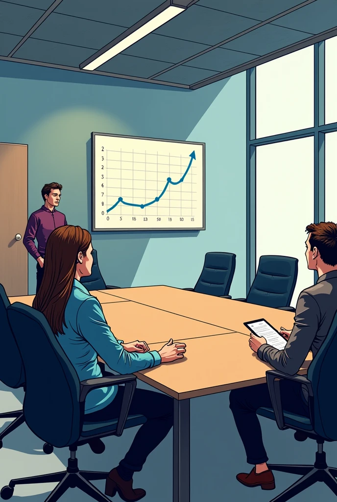 Comic style image of a modern conference room with a large table and people sitting. .Sara answers with confidence, showing a graph highlighting the growth of startups thanks to innovation.