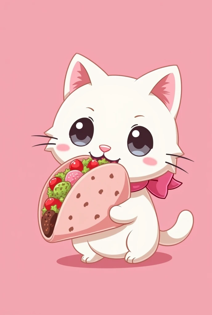 Cat with a pink ribbon collar hello kitty style white eating a pink tortilla taco anime style in the shape of a logo with a pink background