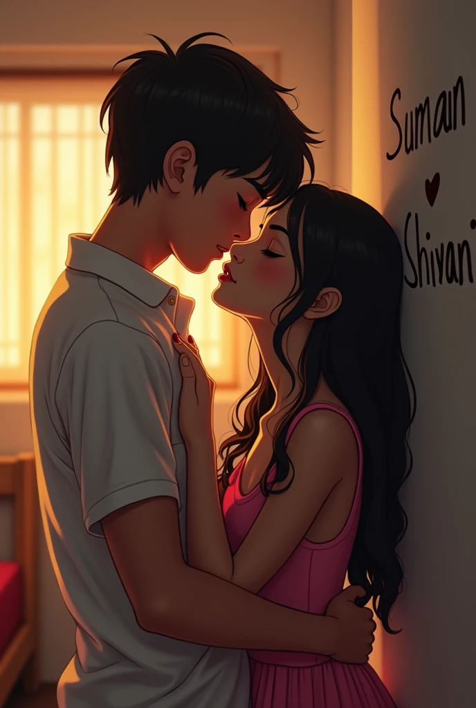 In a room wall ," Suman ♥️ Shivani" should be written on the wall and a boy and girl is young lover kiss on the bad