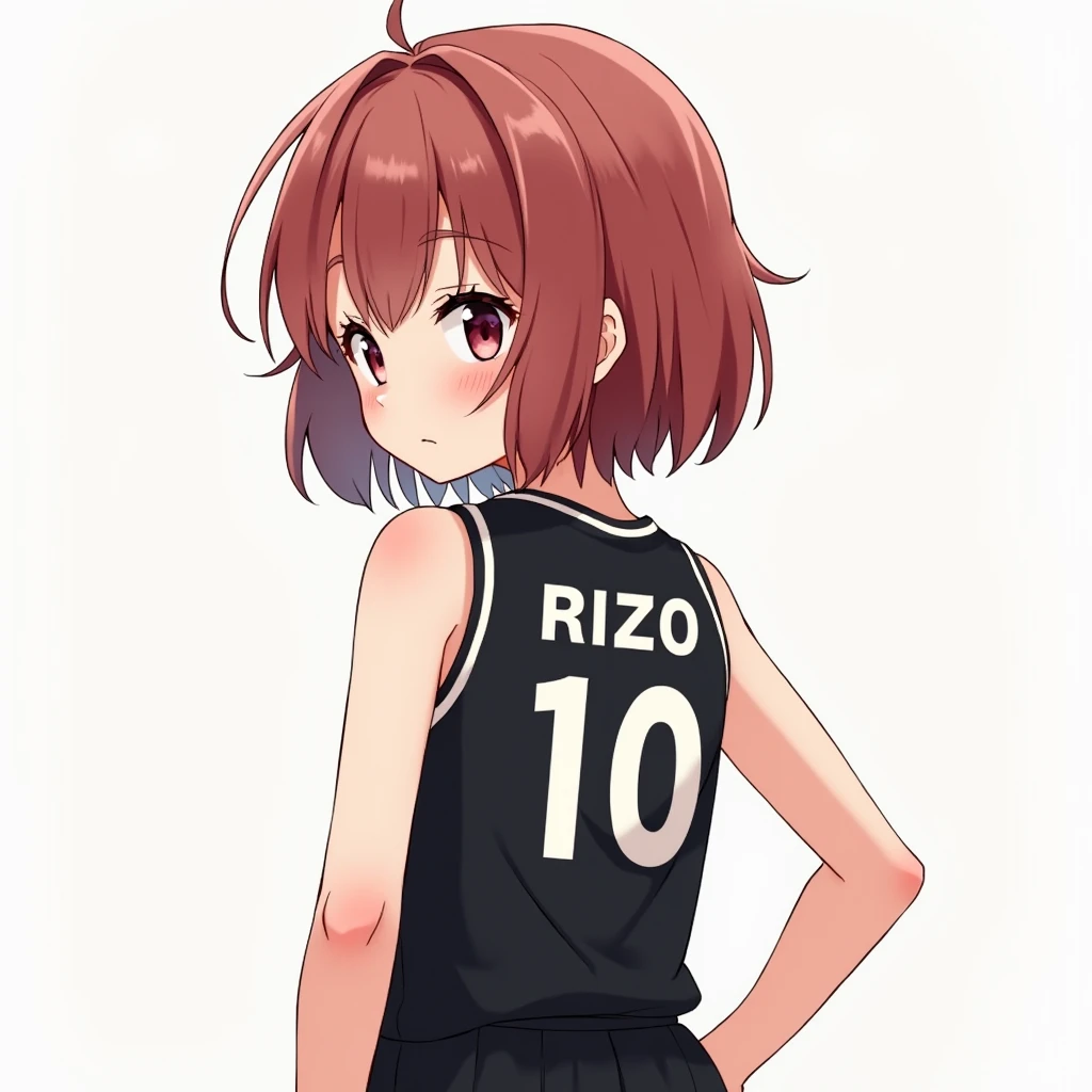 Short anime girl of 1.50 cm,with black and white basketball jersey, that says Rizo and the number 10 on his back