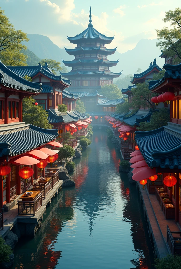 busy asian shops japanese chinese style with a winding river canal like venice curved in s shape, in the middle focal point big rounded pagoda epic scale,aerial view