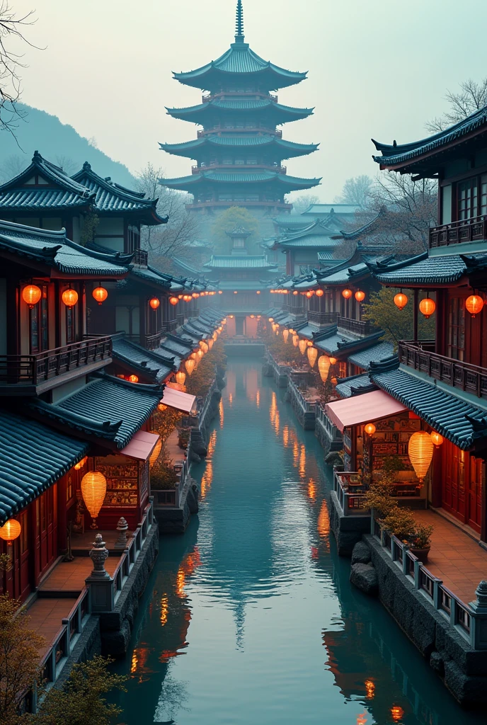 busy asian shops japanese chinese style with a winding river canal like venice curved in s shape, in the middle focal point big rounded pagoda epic scale,aerial view