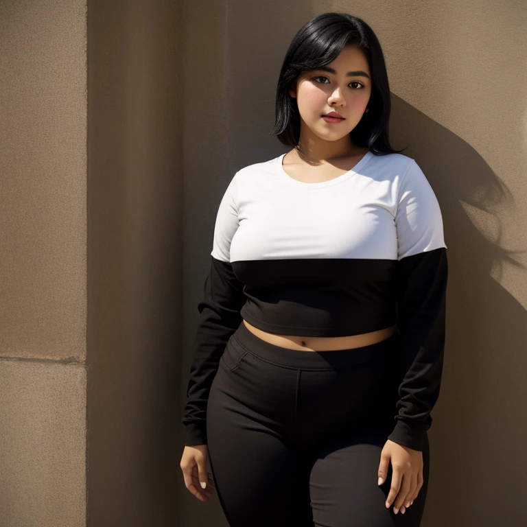 body photo, beautiful detailed, cute face, short, Guanajuato teen, medium black hair, black hair over one eye, long sleeve plain T-shirt, long pants, voluptuous thick wide hips, solo,