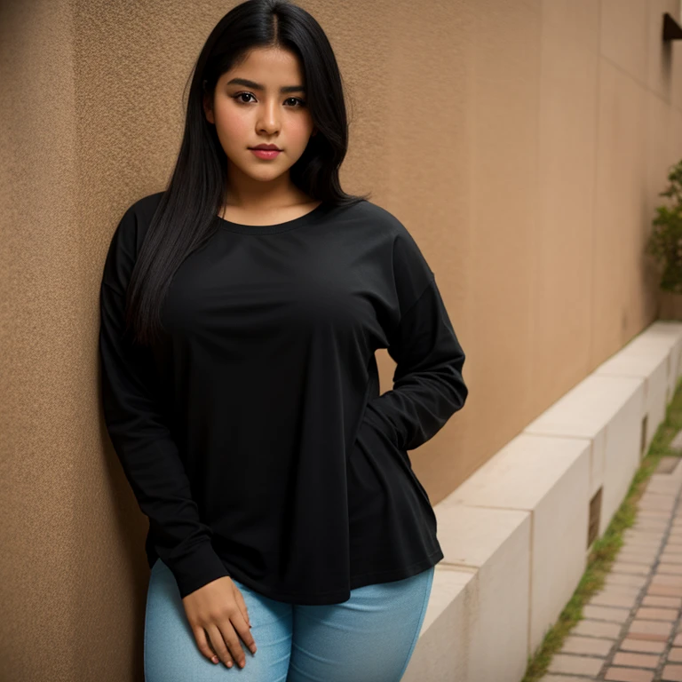 body photo, beautiful detailed, cute face, short, Guanajuato teen, medium black hair, black hair over one eye, long sleeve plain T-shirt, long pants, voluptuous thick wide hips, solo, 