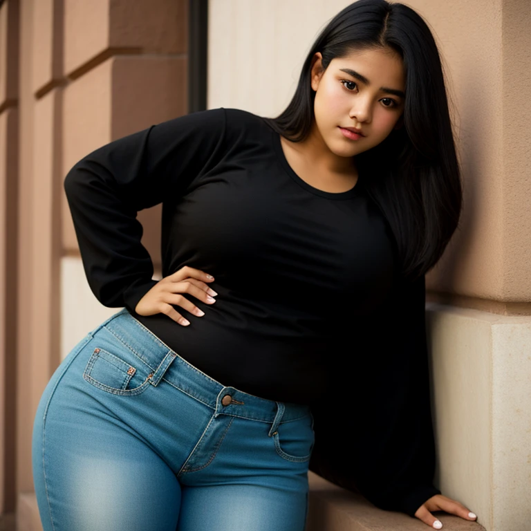 body photo, beautiful detailed, cute face, short, Guanajuato , medium black hair, black hair over one eye, long sleeve plain T-shirt, long pants, voluptuous thick wide hips, solo,