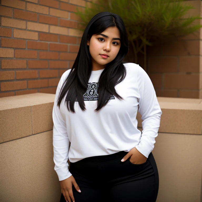 body photo, beautiful detailed, cute face, short, Guanajuato , medium black hair, black hair over one eye, long sleeve plain T-shirt, long pants, voluptuous thick wide hips, solo, 