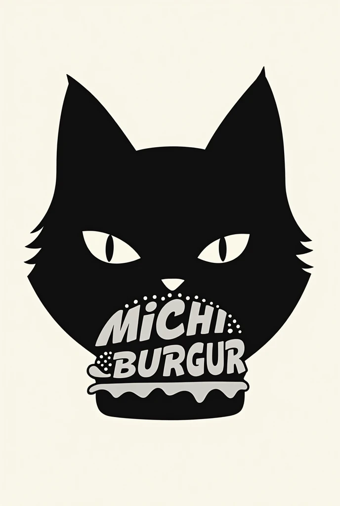 Cat face silhouette eating minimalist hamburger from the front that says Michiburguer, WITH BIG LETTERS