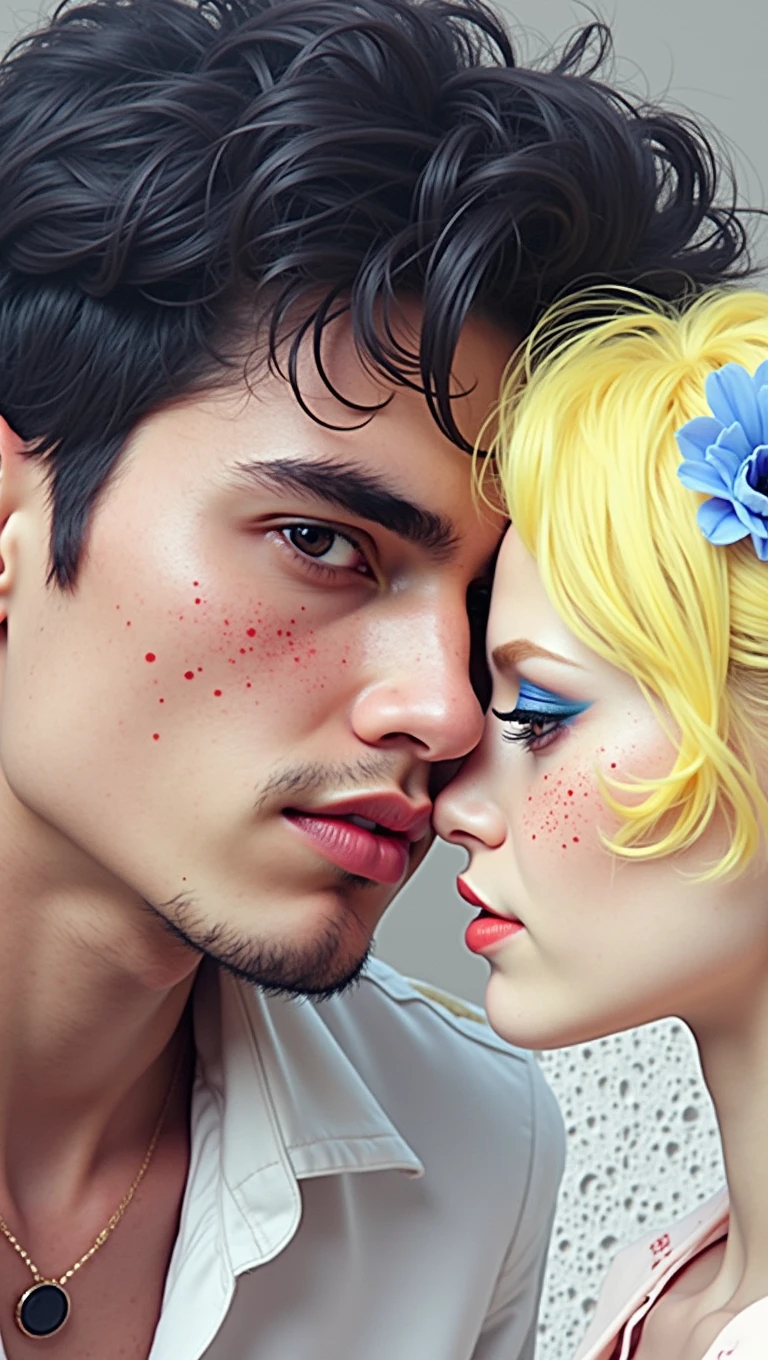beautiful men, freckles, dark makeup, hyperdetailed photography, soft light, head and shoulders portrait, cover