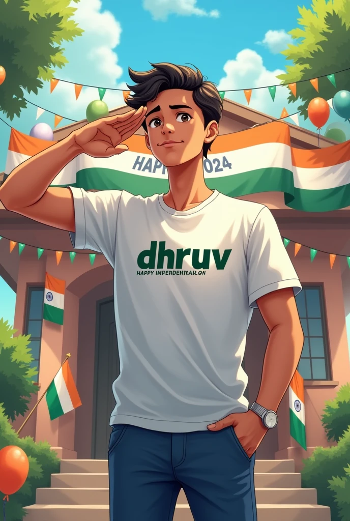 promptseen independence day
A real 20 year old boy , wearing a white "dhruv" T-shirt stands in front of a house decorated with Indian flags and tricolor balloons, saluting for an upcoming Independence Day celebration. The house has a large banner that reads "HAPPY INDEPENDENCE DAY 2024 and make sure text should be correct. Anime type image
