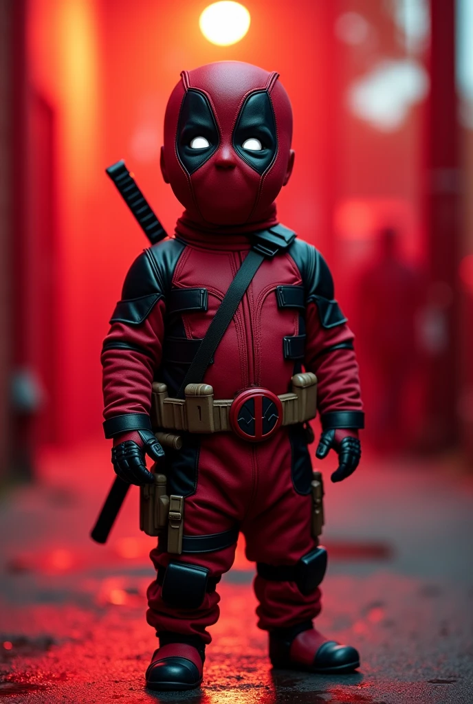 high resolution、Superior image quality、Top-notch image quality、Maximum quality、in 8K、real live action、realisitic、Raw photo、Masterpiece artwork、tabletop、professional lighting、realisitic background、((2 years))、standing、、cute (fantasia de fantasia de deadpool da marvel))、、, face and head with mask、mascara 、((closing the eye)), ((work of art), (best qualityer), (CRU photo), (fotorrealisitic:1.4), Foto altamente realisitic, Portrait of a baby, whole body, 1 year old, mascara deadpool, glare eyes, wearing a marvel deadpool costume, detailed clothing, The light from above shines down, (Red city environment background), photo taken in 1975 by Fujifilm XT3