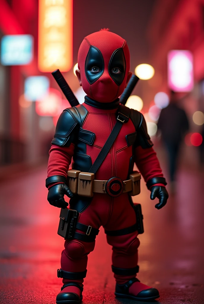 high resolution、Superior image quality、Top-notch image quality、Maximum quality、in 8K、real live action、realisitic、Raw photo、Masterpiece artwork、tabletop、professional lighting、realisitic background、((2 years))、standing、、cute (fantasia de fantasia de deadpool da marvel))、、, face and head with mask、mascara 、((closing the eye)), ((work of art), (best qualityer), (CRU photo), (fotorrealisitic:1.4), Foto altamente realisitic, Portrait of a baby, whole body, 1 year old, mascara deadpool, glare eyes, wearing a marvel deadpool costume, detailed clothing, The light from above shines down, (Red city environment background), photo taken in 1975 by Fujifilm XT3