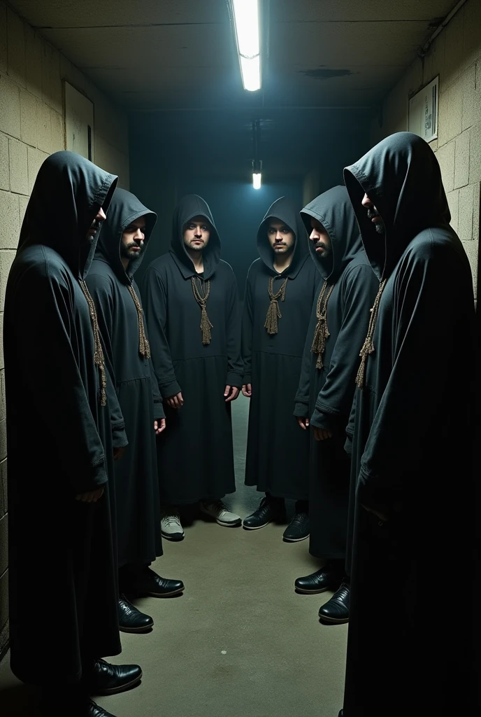 Six men wearing magic circle hoods on the basement floor of a dark building.