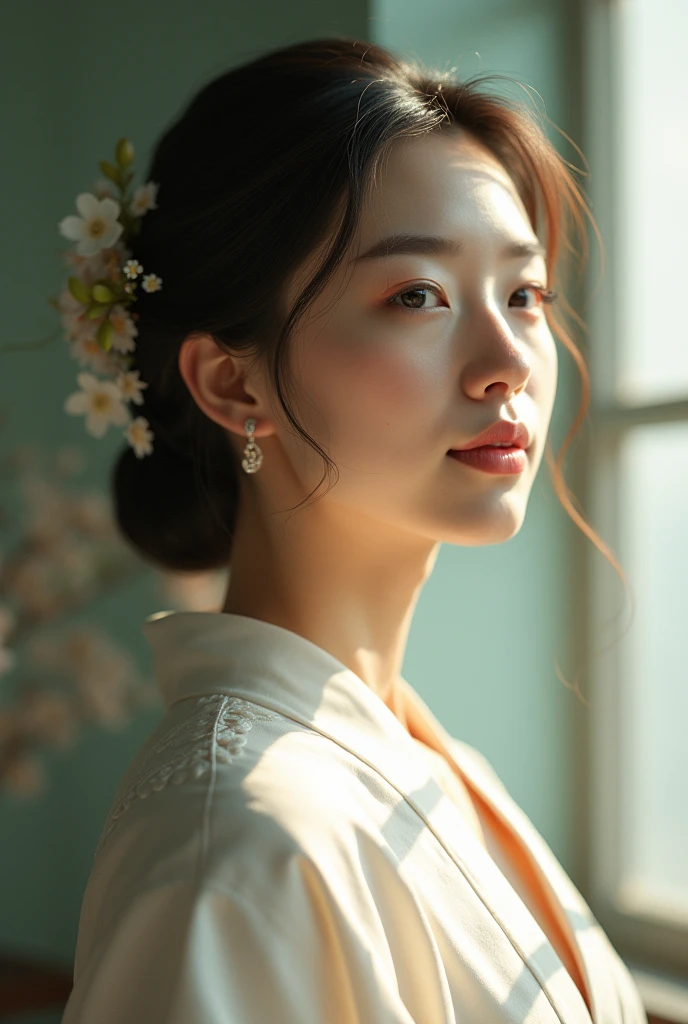 An elegantly dressed Japanese woman in natural light、A close-up of her chest and calm expression.、It shows her inner peace and outer charm.。