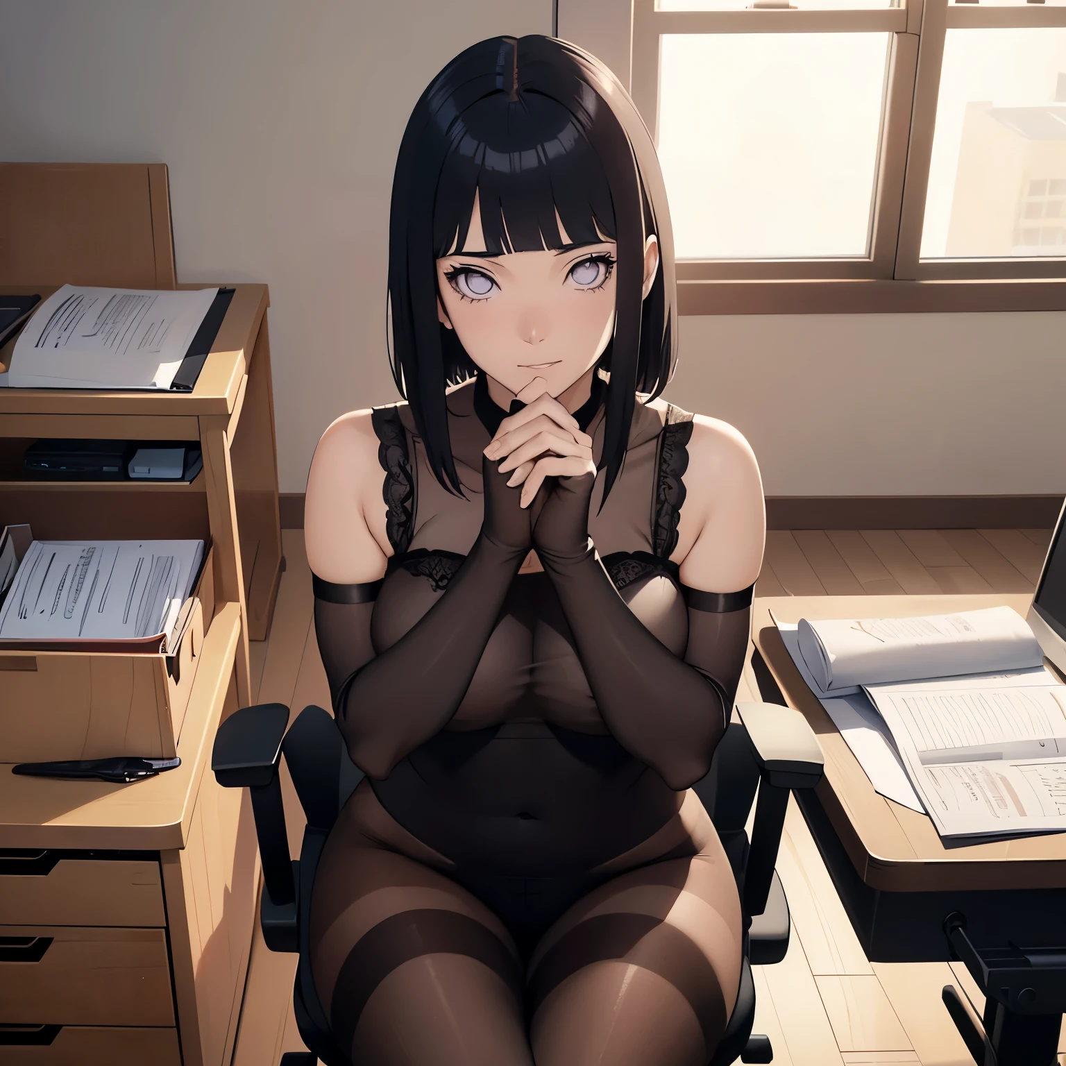 (work of art), アニメ, best qualityer, good anatomy, a girl, hinata hyuuga, blushed, ssmile, ashamed, naruto, eye white, lifelike face, shadowy face, sexy look, dark hair, shorth hair, Kale, big shiny skin, perfect hands, anatomical hands,lingerie white, pantyhose, flegs, Lindas flegs, desk, sitting, desk chair ((sitting na desk chair)) ((flegs cruzadas)) fully body, imagem de fully body foto real, reflectors, 8K work of art, super detaill, film, best qualityer, best details, face detailed, detailedeyes, (below 1.1)