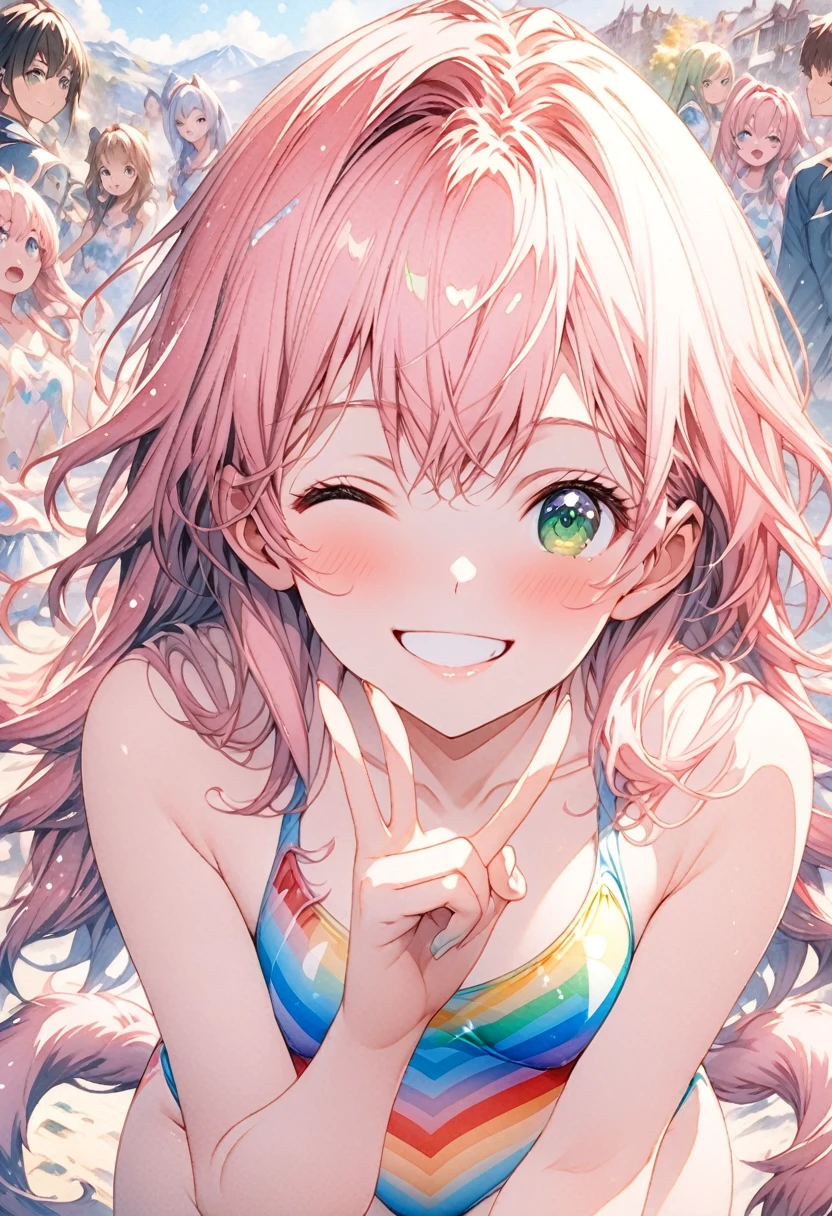 masterpiece、Highest quality、Highly detailed CG Unity 8k wallpaper、High School Girl Anime Illustration。Wearing a rainbow swimsuit、Doing the peace sign、Pink Hair、(Green Eyes)、(Long Hair)、(((Half Twin Tail)))、(Disjointed bangs),Smiling with eyes closed and mouth open。The background is a pale pastel colored landscape.、Watercolor Digital Art、It's a little embarrassing