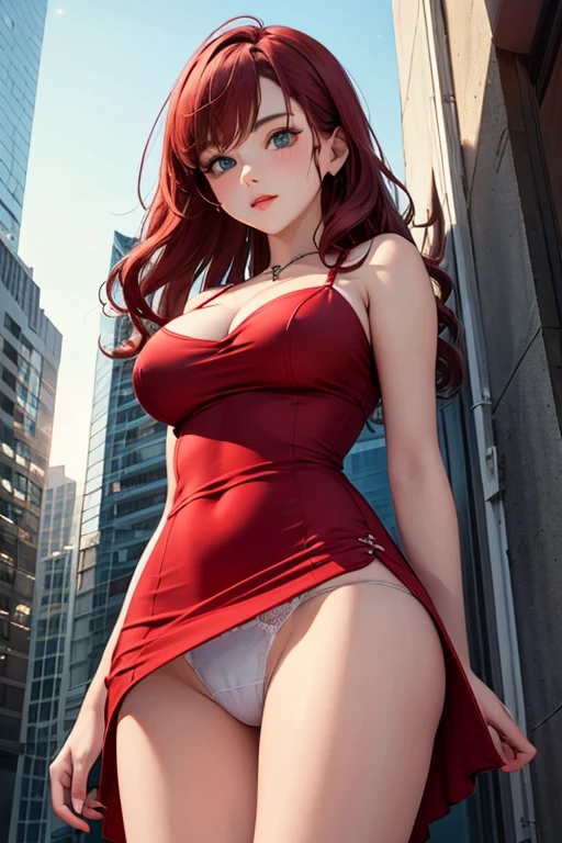 ((Best Quality)), ((masterpiece)), (detailed), 1 girl in a tight red dress, mini skirt, neckline wavy red hair, blue eyes, in an urban landscape at night, big breasts, white panties, ((view from below))