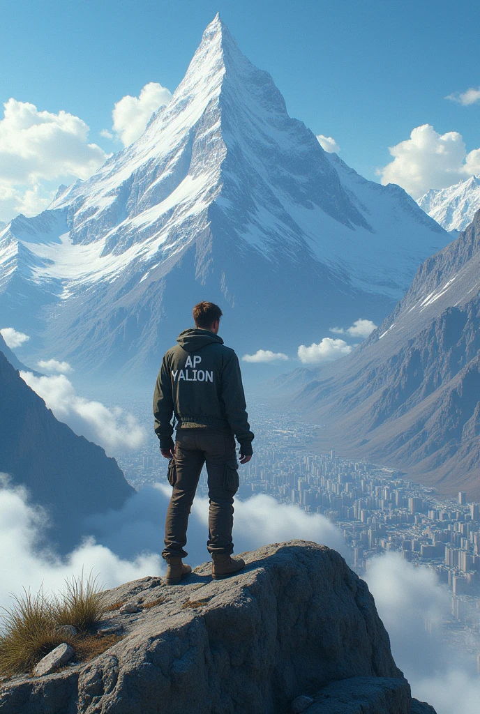 A man is on a high mountain and below him is a big city and on his shirt is written AP YALION