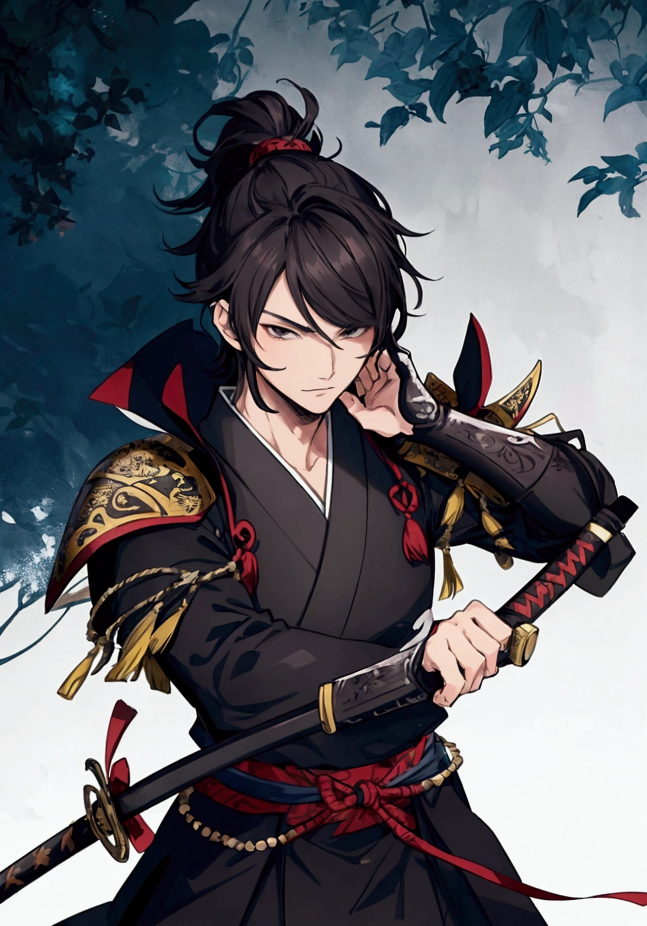 (Masterpiece), ((Highest Quality)),(Official Art),dark epic:1.2),(1 solo anime man: 1.3). A stoic samurai man with tied hime cut, black hair, black eyes, and Japanese armor. He is brandishing a katana while shrouded in shadows. Detailed picture. Detailed eyes. Masculine jaw. Soft fairytale picture Arthur Rackham-style. Colorful, best detailed ((super detailed)), (highly detailed 2D anime man illustration), ((dark and beautiful))
