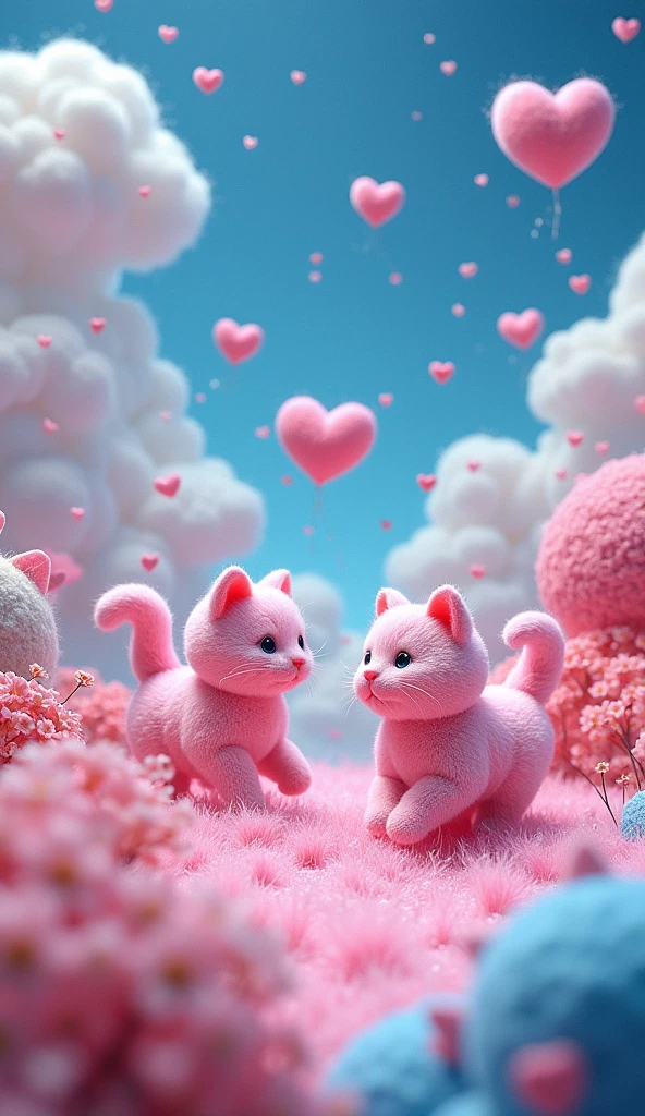 Our Felt Style，surreal space，abstract，Pink cats are running around，Fluffy love heart，fluffy clouds，star，grass，flowers，In my dream、A vivid and fun way to set the stage，blue, Pink tone，bright，Art