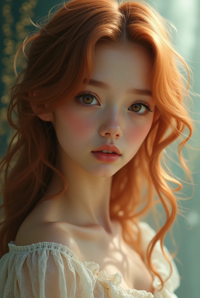 Little monerita with long curly copper-colored hair and dark brown eyes