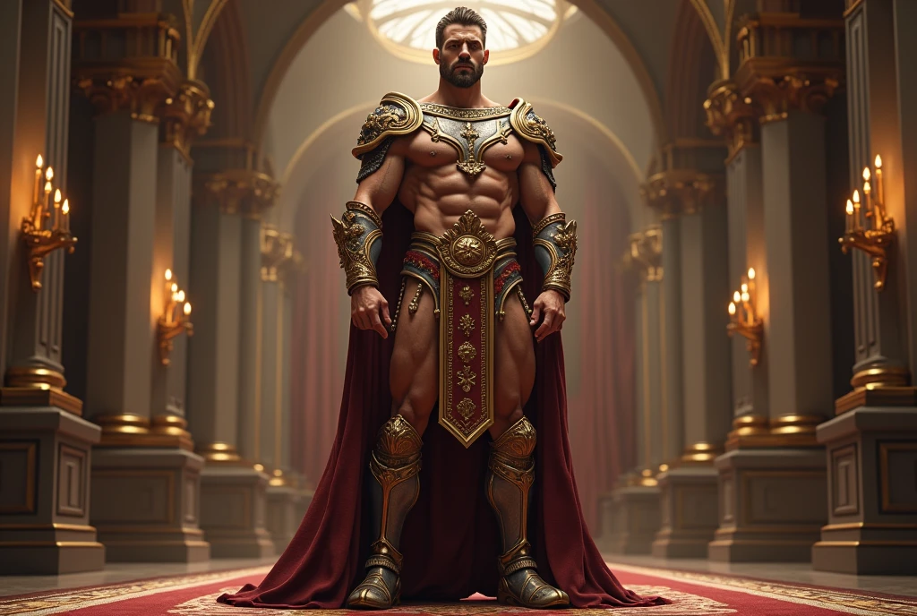 realist, (masterpiece), (photorealist:1.3), ultra detailed, (high detailed:1.2), (Best Quality:1.0),  manly, muscular, Tall Man, chest hair, A man in royal attire, 25 years, covered with a small insulting armor, fancy, full body character sheet, huge bulge in crotch, cuerpo muscular, full body view, inside a castle, very small thread loincloth, Haircut, Shadow of six o&#39;clock.