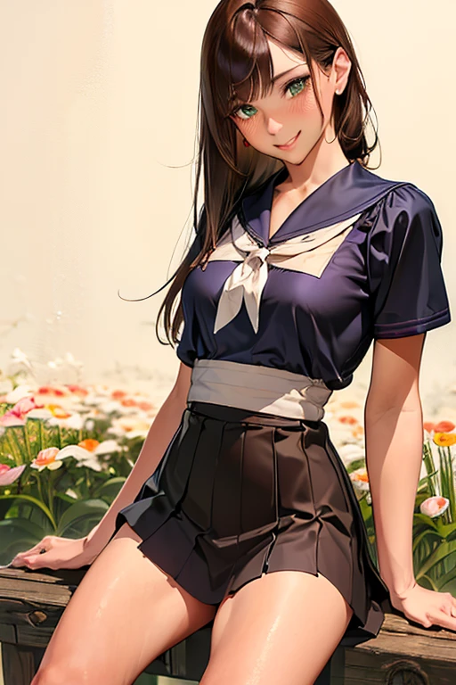 Best Picture, Masterpiece, 4K, High Quality, One Adult
Woman. The woman has brown hair. Her hair is straight, . Long slit eyes, green eyes,
Model like beauty, perfect proportions. Perfect legs. Perfect arms. 
She has a blush on her cheeks and a mischievous smile on her face.


Even over clothing, one can see the large, full breasts and erect nipples.
Even over clothing, one can see the large, full breasts and erect nipples.
A woman is Sitting, arms, later, folded, chest arched. woman  In the grassy meadow, (((a woman is spreading her legs wide open, with her thighs spread wide apart. Silk underwear. A complete body. Perfect hands and legs. Beautiful body, beautiful legs. Beautiful hands. Perfect body, perfect legs. Perfect hands.
The woman's and her clothes show the bulge of her large breast and her nipples are raised. through.
The woman has a blush on her cheeks and a shy smile on her face. 

Upper Body . Bob. Shed bangs. Short-sleeved sailor suit, very short pleated miniskirt, black socks, brown loafers. A woman is standing alone. She has a blush on her cheeks and a mischievous smile on her face. Cowboy shot,