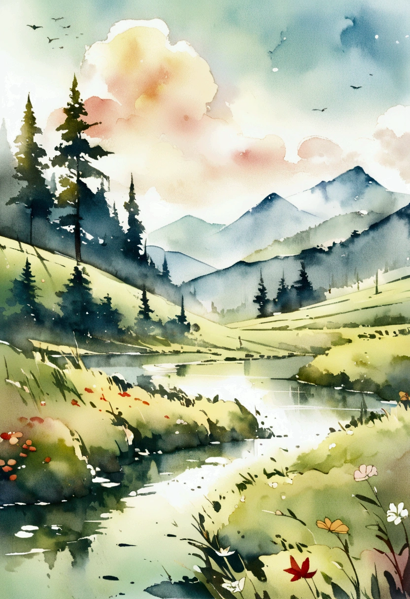 Grassland swaying in the wind。The leaves are fluttering in the wind。A few little spirits。Fantasy。No people。No girls。watercolor style。