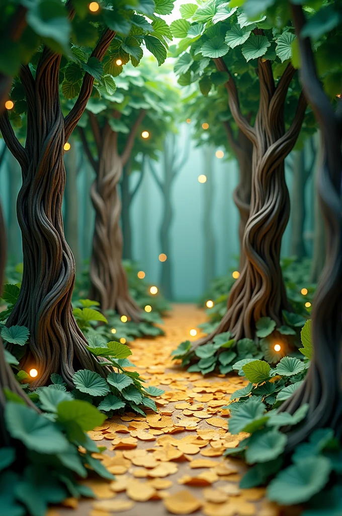 Imagine an enchanted forest made entirely of sheets of paper. The trees stand with trunks and branches formed from layers of brown and grey paper., Meticulously folded and trimmed to give them a tall, twisted appearance. The leaves, created from sheets of green paper in different shades, They seem to wave gently, as if the wind moved them.
between the leaves, small bright orbs scatter, yellow and white paper cuts, reminiscent of tiny lanterns that gently illuminate the forest. The forest floor is a mosaic of gold and green paper sheets, scattered everywhere, creating a crunchy surface when walking. A path winds through the trees, precision cut in darker shades of paper, and guided by the paper lights that seem to float in the air.
The whole scene feels like a delicately hand-crafted world., where every element—from the trees to the bright lights—is composed of intricately arranged sheets of paper, creating a mystical and supernatural atmosphere.