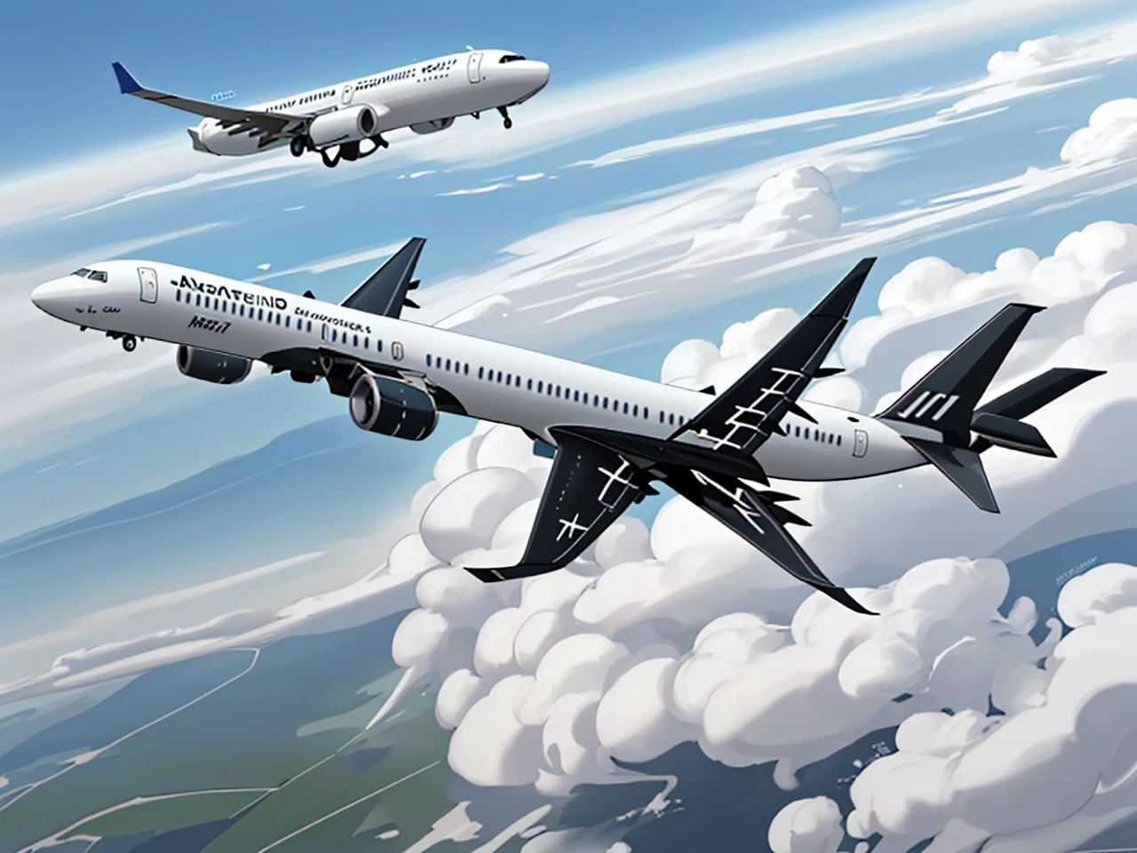 Sure! Here's a prompt you can use for generating an image of a large commercial aircraft with a crossover design of an Airbus A320 and a Boeing 737, flying at high altitude:
---
"Create an image of a large commercial aircraft at high altitude. The aircraft should be a hybrid design combining elements of an Airbus A320 and a Boeing 737. The plane should be depicted flying above the clouds, showcasing a sleek and modern appearance with features from both aircraft models, such as the A320's winglets and the 737's fuselage shape."
---