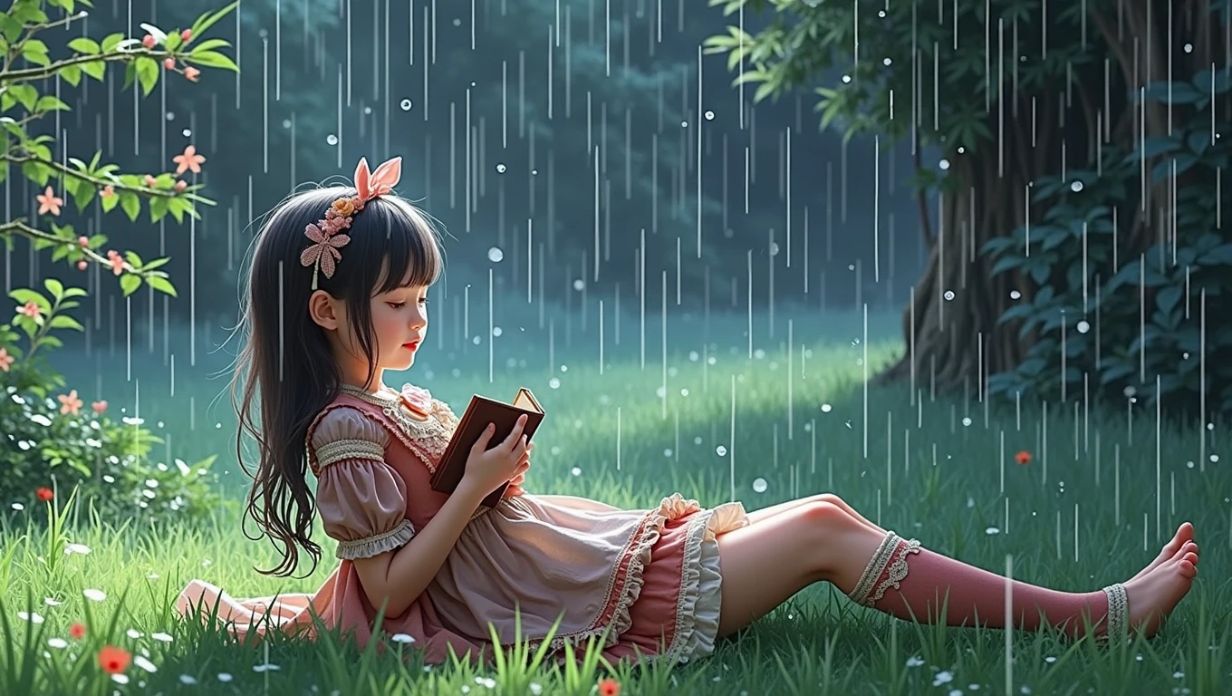 arafed girl ta laying on the grass in the rain with a book, after rain and no girls, the most beautiful scene, carnal ) wet, raining, under rain, made out of rain, perfect movie shot, wash off in the rain, knees tucked in | rain falls, raining outside, 1995 movie, raining!, in the rain
