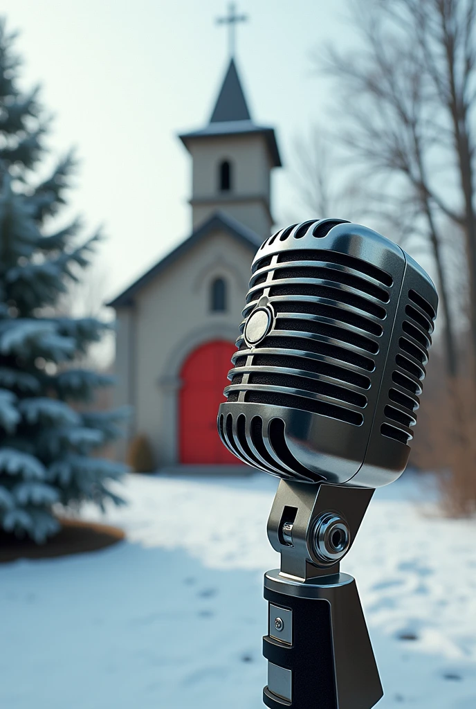 A banner with a microphone in the foreground, occupying a large part of the banner. in background whith, an old church with a red door and a pine tree in the garden, with snow around.