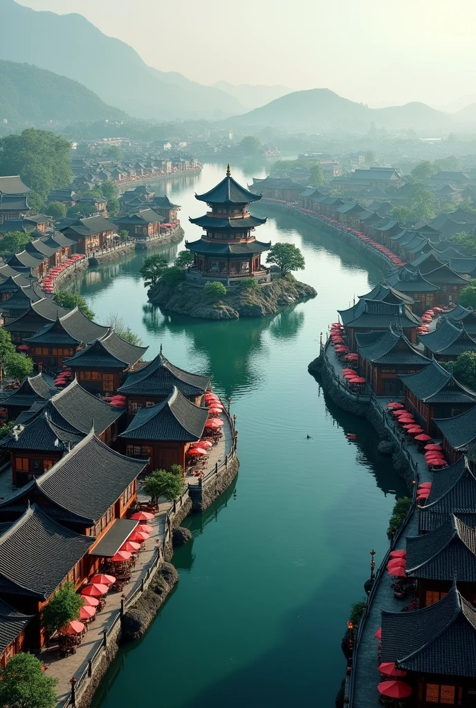 busy asian shops japanese chinese style with a winding river canal like venice curved in s shape, in the middle focal point big rounded pagoda in an island surrounded by the river epic scale,aerial view